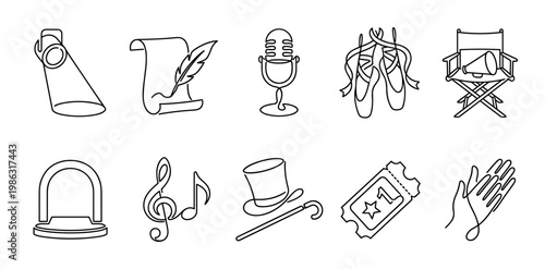 Set of ten performing arts icons in a minimalist line art style, featuring a spotlight, microphone, ballet shoes, director's chair, stage, ticket, and top hat for entertainment concepts