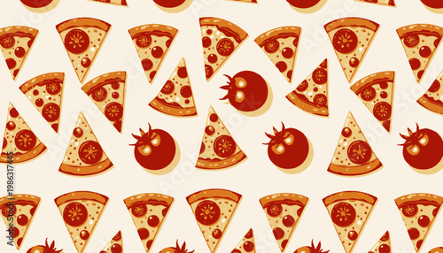 A vibrant seamless pattern featuring alternating slices of delicious tomato-topped pizza and whole red tomatoes on a light background, perfect for food-themed designs