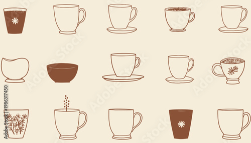 Artistic Display of Diverse Coffee Cups Illustrated on a Light Background Featuring Various Design Styles and Unique Patterns