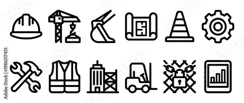 Collection of black outline construction and engineering icons, featuring essential tools, machinery, safety gear, and planning elements in a clean, minimalist line art style