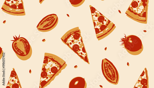 Vibrant Pattern of Pizza Slices and Fresh Tomatoes Featuring Symmetrical Arrangement of Cheese Topped Slices with Juicy Sliced and Whole Tomatoes on a Pale Background