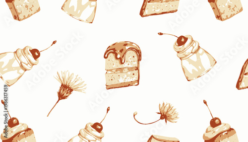 Pattern of delectable desserts featuring cherry-topped cakes and floral elements creating a vibrant and mouthwatering visual display on a white background.