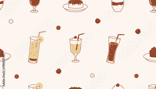 Seamless Pattern with Delicious Desserts and Refreshing Drinks on a Light Background