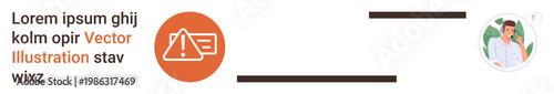 Alert notifications, online profiles, communication systems, warning messages, user identification, UI alerts. Warning icon beside text and profile image. Alert notifications and online profiles