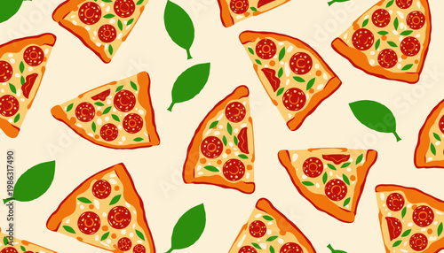 Seamless Pattern of Pepperoni Pizza Slices with Fresh Basil Leaves Illustration on Cream Background