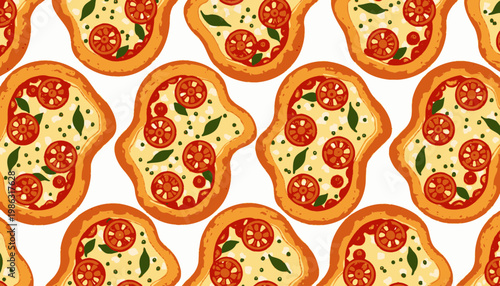Seamless Pattern of Artistic Sliced Pizza with Fresh Tomato and Basil on Crispy Golden Crust, Ideal for Culinary Design Inspiration