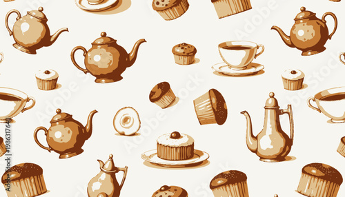 Seamless pattern of vintage teapots, cups, and assorted pastries evoking a charming cafe ambiance with muffins, cupcakes, and traditional sweets