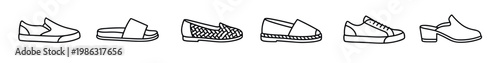 Six different outline shoe icons are neatly arranged in a horizontal row, showcasing various footwear styles from casual slip-ons to elegant heeled mules with clean, minimalist line art