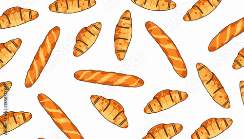 Pattern of Various Baked Bread and Croissants Scattered in Artistic Arrangement Across a Simple White Background