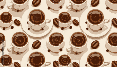 Aesthetic Overhead View of Multiple Coffee Cups and Scattered Coffee Beans Creating a Symmetrical and Cozy Beverage Arrangement