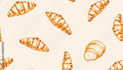 Artistic Illustration of Freshly Baked Croissants and Bread Rolls Pattern on Light Background in Seamless Repetitive Design