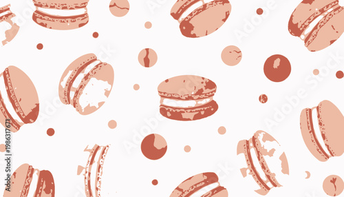 Colorful Macarons Pattern with Watercolor Illustrations of Sweet Confections and Pastel Polka Dots on a White Background