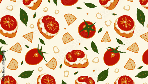 Seamless Pattern Featuring Fresh Tomatoes, Cheese Slices, Basil Leaves, and Bruschetta Against a Light Background for Culinary Art Inspiration