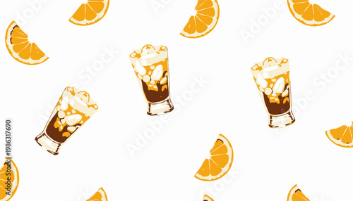 Refreshing iced tea with citrus slices pattern on a bright white background emphasizing the vibrant contrast of juicy oranges and chilled beverage