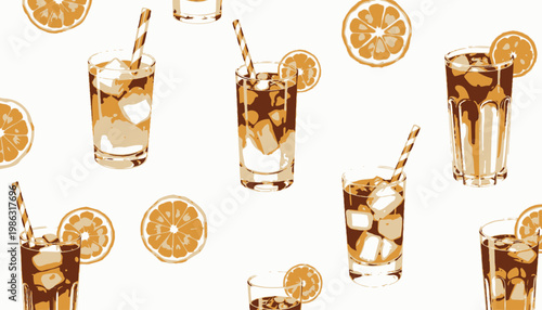 Refreshing Iced Coffee Drinks with Citrus Garnish and Striped Straws on a Seamless White Background Perfect for Summer Beverage Inspiration