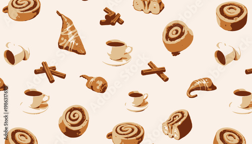 Patterned Background Featuring Coffee Cups, Cinnamon Rolls, and Pastries with Cinnamon Sticks on a Light Surface