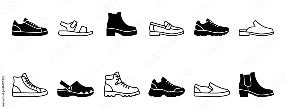 Obraz premium Diverse collection of black and white shoe icons representing various footwear styles, including sneakers, boots, sandals, and loafers, presented in a clean, minimalist graphic illustration