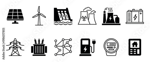 Comprehensive set of black and white energy icons illustrates various power generation sources, distribution infrastructure, and consumption methods in a clean, modern, and informative graphic style