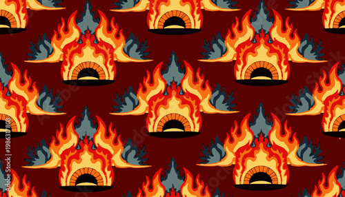 Seamless pattern featuring stylized vibrant flames and ovens on a deep red background creating a dynamic and fiery visual motif perfect for bold designs