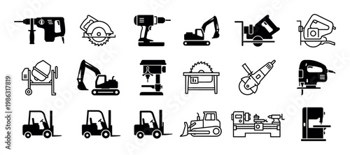 Comprehensive collection of construction and power tool icons, featuring various industrial equipment such as drills, saws, excavators, cement mixers, forklifts, and bulldozers