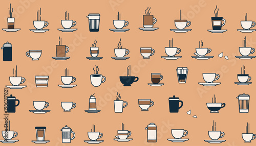 Illustration of Various Coffee Cups and Brewing Methods Displayed in an Aesthetic Grid Pattern on a Warm Beige Background with Steam Rising from Each Cup