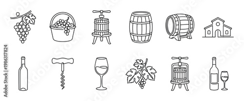 Winemaking and wine tasting line icon set showing grapes, a press, barrel, bottle, and glass for viticulture and sommelier concepts, a simple black outline vector illustration collection
