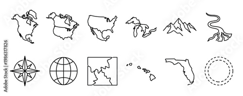 Collection of various black outline geographic icons featuring continent and country maps, lake regions, mountains, a river delta, a compass rose, and a globe, presented in a minimalist style