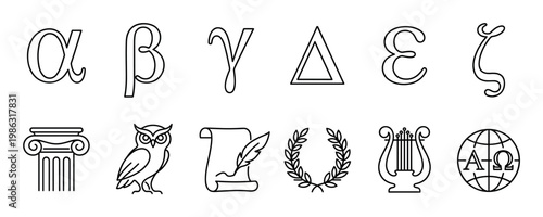 Collection of black outline Greek symbols and ancient cultural icons are neatly arranged in two rows, representing education, history, and classical knowledge with a clean, minimalist aesthetic