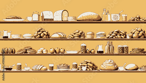 Abundant Bread and Pastry Display: Variety of Baked Goods Including Loaves, Rolls, and Pastries in a Bakery Setting on Wooden Shelves