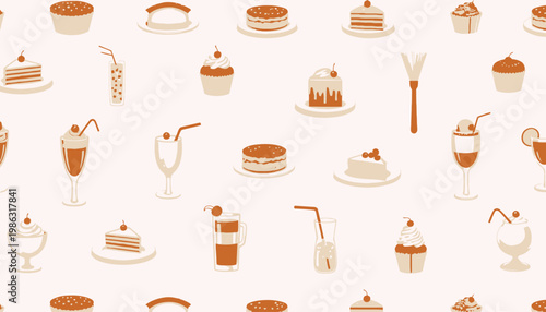 Illustration Showcasing an Assortment of Sweet Desserts and Refreshing Drinks on a Light Background