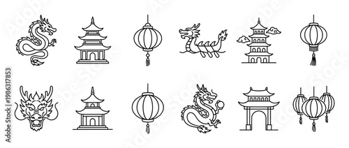 Diverse collection of black outline Chinese cultural icons featuring various dragons, traditional pagodas, and decorative lanterns, rendered in a clean, minimalist line art style