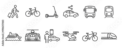 Comprehensive collection of diverse transportation icons featuring various vehicles and travel methods, depicted in a clean, modern outline style with clear details