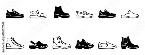 Diverse collection of black and white shoe icons representing various footwear styles, including sneakers, boots, sandals, and loafers, presented in a clean, minimalist graphic illustration