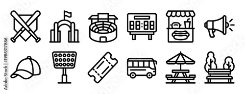 Collection of black outline vector icons representing various elements of sports events, outdoor activities, and public gatherings, rendered in a clean, modern, and easily recognizable graphic style