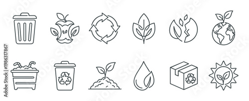 Collection of outline environmental icons depicts sustainability, recycling, and nature conservation, featuring symbols like waste, compost, plants, earth, and water, in a clean, minimalist style