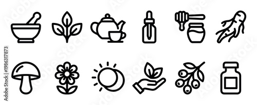 Collection of black outline icons representing natural remedies and holistic wellness, featuring herbs, tea, honey, ginseng, and medicinal elements, presented in a clean, modern