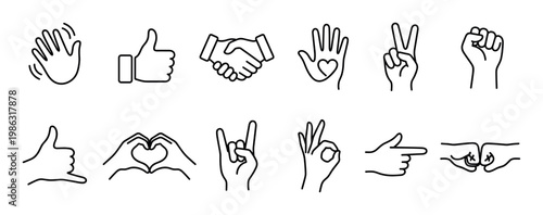 Twelve distinct outline hand gestures and human communication symbols are presented in a clean, minimalist line art style, conveying various meanings like approval, peace, love, and agreement
