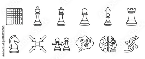 Collection of black outline chess and strategy icons illustrating concepts of planning, intelligence, and problem-solving in a clear, minimalist vector style