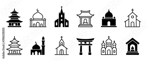 Twelve distinct religious building icons, rendered in a clean, minimalist black and white style, represent diverse global faiths and spiritual places of worship