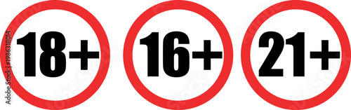 Age restriction icons 16+, 18+, 21+ – adult content rating symbols