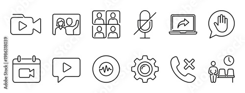 Video conferencing and online meeting line icons set featuring symbols for communication, scheduling, screen sharing, and mute functions in a simple, minimalist vector style