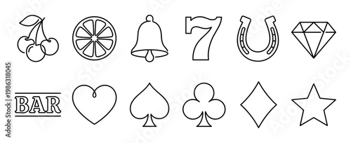 Various black outline casino slot machine icons including cherries, orange, bell, lucky seven, horseshoe, diamond, BAR, heart, spade, club, and star, presented as simple line art illustrations