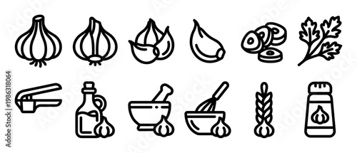 Collection of black outline garlic cooking icons, featuring bulbs, cloves, presses, oil, and seasoning tools, presented in a simple, clean, and illustrative style