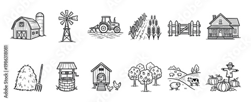 Collection of hand-drawn farm elements and agriculture icons, featuring barns, windmills, tractors, crops, animals, and rural buildings in a charming sketch style