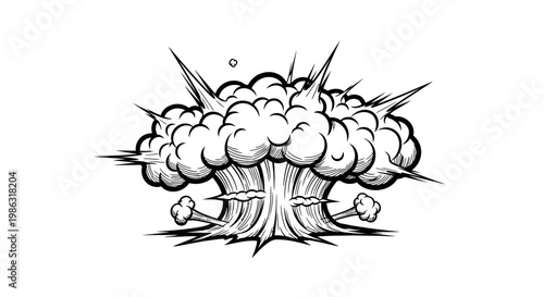 Massive Cartoon Explosion with Mushroom Cloud and Detailed Smoke Effects on Isolated White Background