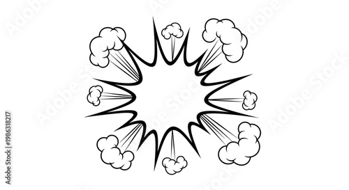 Stylized Comic Explosion Effect with Jagged Edge and Smoke Clouds on Isolated White Background