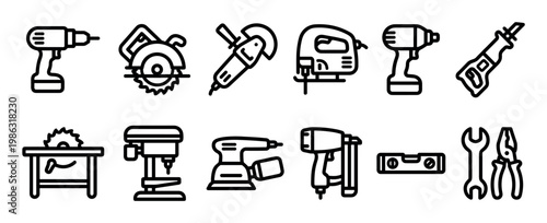 Collection of twelve outline construction and repair tools, including drills, saws, sanders, and wrenches, presented as minimalist black line icons with a clean, modern aesthetic