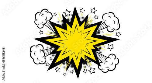 Vibrant Yellow Comic Explosion Effect with Stars, Smoke, and Halftone Dots on Isolated White Background