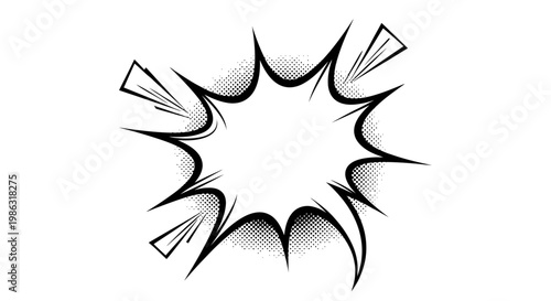 Sharp Comic Explosion Starburst Effect with Halftone Dots, Pop Art Style on Isolated White Background