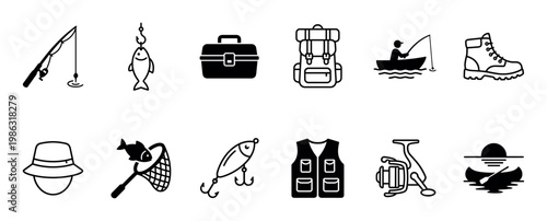 This collection of twelve black and white line art icons depicts various fishing and outdoor adventure equipment and activities, rendered in a clean, minimalist style